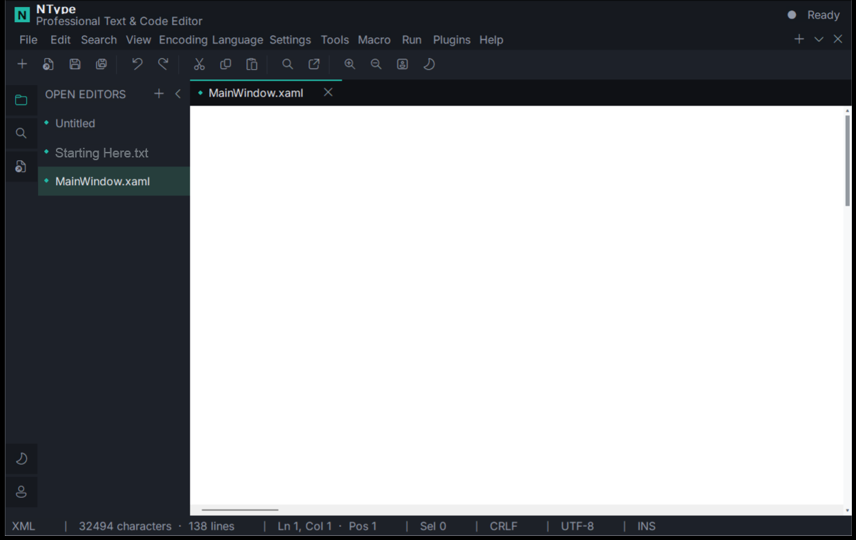 NType text and code editor for Windows showing the Open Editors sidebar and editing workspace